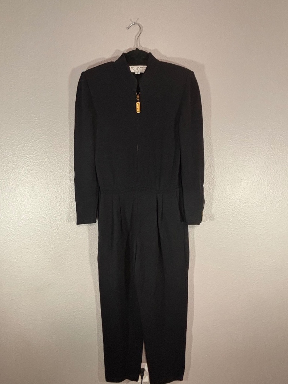 St John Marie Gray Black Santana Knit Jumpsuit Mock Neck Vintage Size 2